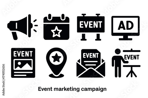 Event marketing and promotion campaign icon set. Vector black symbols of advertising and publicity