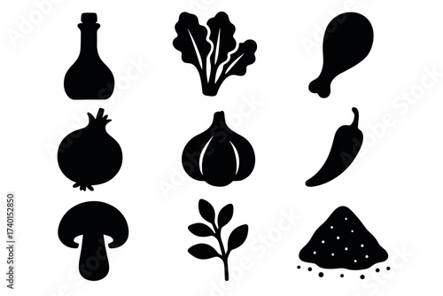 Cooking ingredients and spices icon set. Vector black symbols of food and seasoning