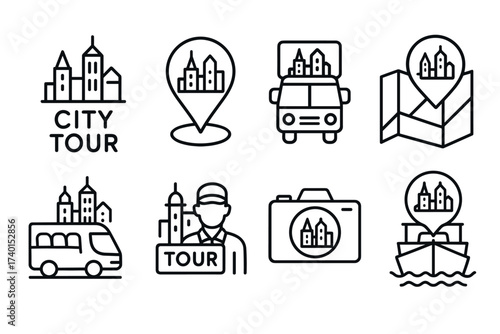 City tour and sightseeing icon set. Vector line art symbols of travel and tourism