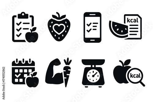 Calorie counting and diet plan icon set. Vector black symbols of healthy eating and nutrition