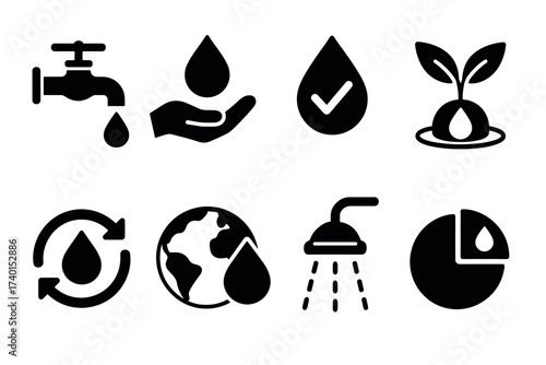 Water consumption and conservation icon set. Vector black symbols of saving water