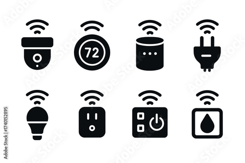 Smart home devices and IoT icon set. Vector black symbols of home automation