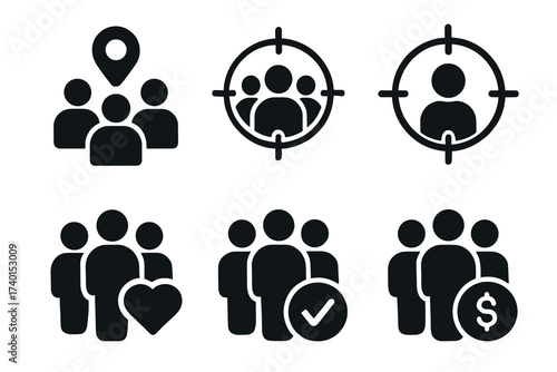 Target Audience Icon Set. Vector black marketing symbols of user group, customer focus, audience, and community illustrations