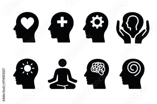 Mental health and psychology icon set. Vector black symbols of mind and wellbeing