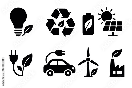 Green energy and renewable resources icon set. Vector black symbols of ecology and sustainability