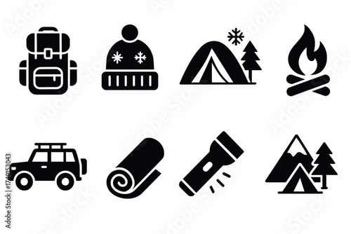 Winter camping and hiking icon set. Vector black symbols of cold weather adventure