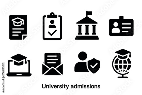 University admissions and college application icon set. Vector black symbols of enrollment