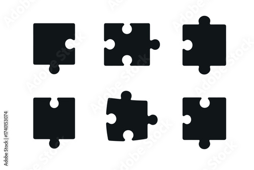 Puzzle piece and jigsaw icon set. Vector black symbols of strategy and solution