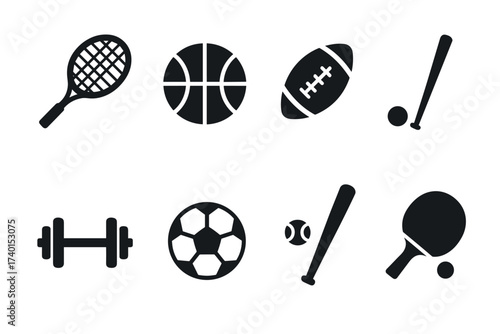 Sports and games equipment icon set. Vector black symbols of various athletic activities
