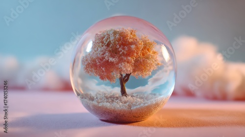 Delicate tree encased in glass with soft background atmosphere