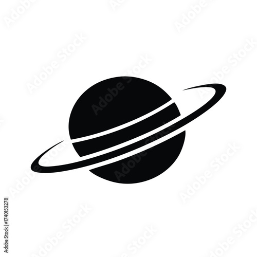 Black Silhouette Vector Design of an Orbiting Planet with Rings, Representing Cosmic Exploration and Universal Themes