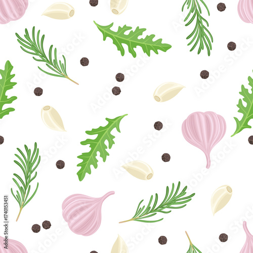 Seamless pattern with fresh rosemary, garlic, arugula leaf and peppercorn. Food background. Vector cartoon flat illustration.