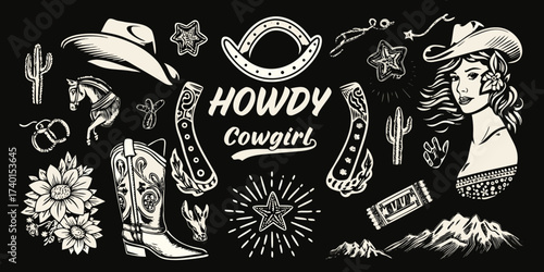 Howdy cowgirl western lifestyle elements collection with cowboy hat boots horse and mountains