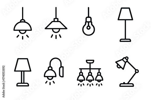 Lamps and lighting icon set. Vector line art symbols of interior light fixtures