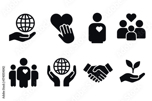 Charity and Social Care Icon Set. Vector black symbols of heart, hand, people, community, globe, and donation illustrations
