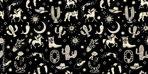 Whimsical western cowboy and desert elements seamless pattern with horses cacti and stars