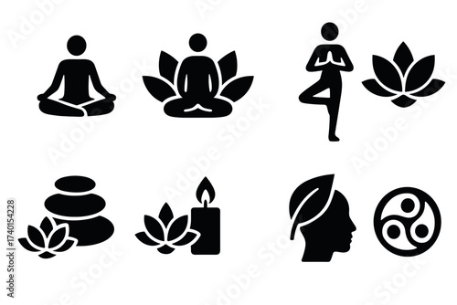 Yoga and meditation icon set. Vector black symbols of zen, spa, and spiritual wellness