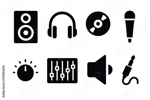 Audio and music equipment icon set. Vector black symbols of sound and recording