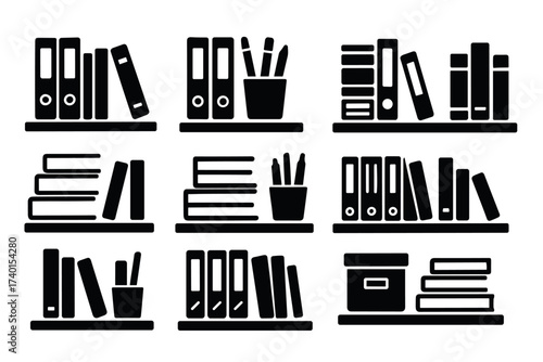 Bookshelf and office supplies icon set. Vector black symbols of library and document organization