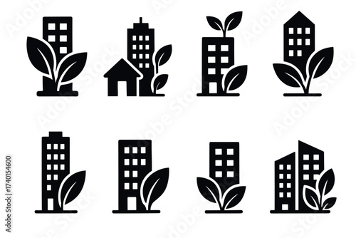 Green building and sustainable architecture icon set. Vector black symbols of eco-friendly property