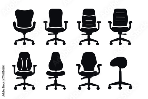 Office chair icon set. Vector black symbols of ergonomic and modern seating