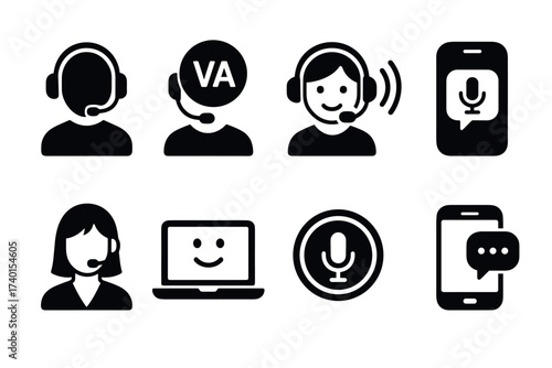 Virtual assistant (VA) and chatbot icon set. Vector black symbols of customer service and AI
