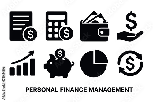 Personal finance management icon set. Vector black symbols of budgeting and savings