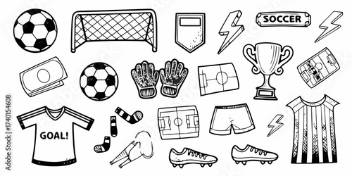 Collection of hand drawn soccer elements including balls nets trophy jerseys shorts cleats and more