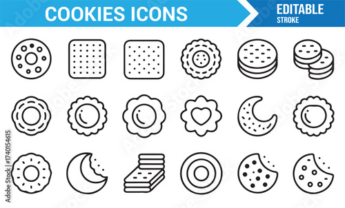 Minimal editable stroke cookies vector set for sweet treat and dessert design