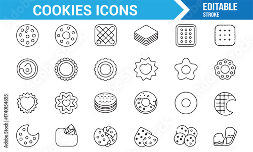 Simple cookie line icons set for food illustration, baking, and snack concepts