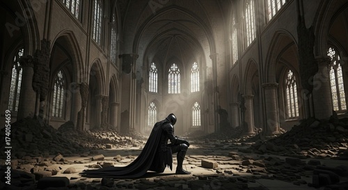 A lone warrior kneels in the ruins of a gothic cathedral