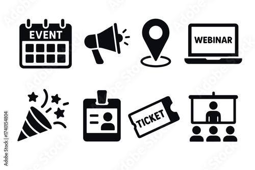 Event and Webinar Icon Set. Vector black conference symbols of calendar, megaphone, ticket, speaker, badge, and online meeting glyph illustrations
