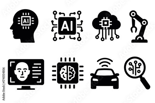 Artificial intelligence (AI) and robotics icon set. Vector black symbols of machine learning