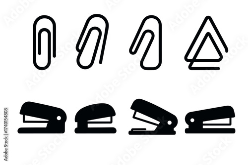 Office Stationery Icon Set. Vector black supplies symbols of paperclip, stapler, binder, documents, and workplace organization glyph illustrations