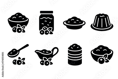 Cranberry sauce and berry dessert icon set. Vector black symbols of holiday food