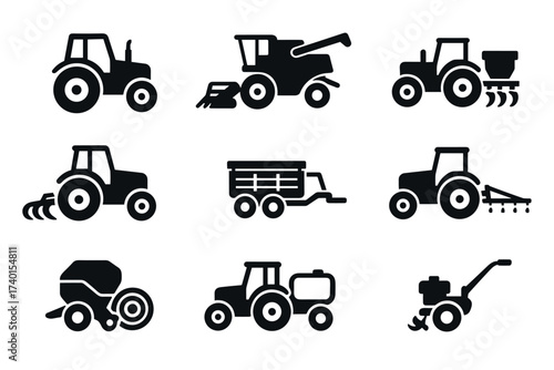 Farm machinery and agricultural equipment icon set. Vector black symbols of tractors and harvesters