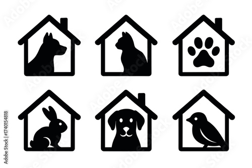 Pet shelter and boarding icon set. Vector black symbols of animal care and housing