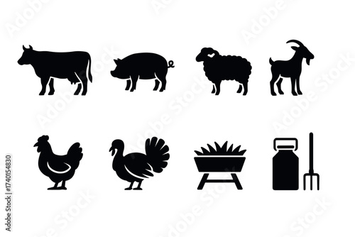Farm Animals Icon Set. Vector black agriculture symbols of cow, pig, sheep, goat, chicken, turkey, and rural farm illustrations
