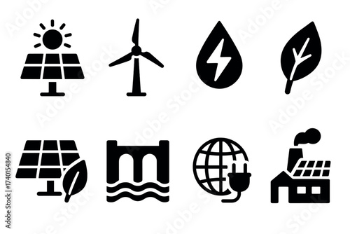 Renewable energy and green technology icon set. Vector black symbols of sustainable power