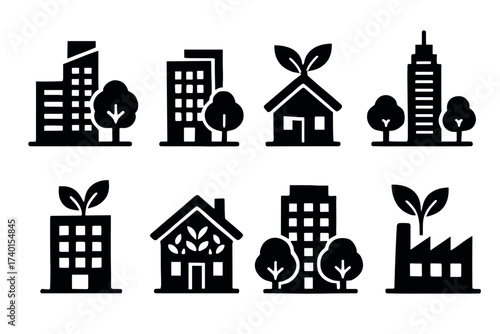 Green city and eco-friendly architecture icon set. Vector black symbols of sustainable urban living
