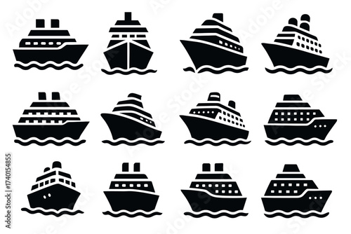 Cruise ship and ocean liner icon set. Vector black symbols of sea travel and vacation