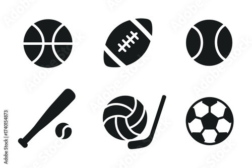 Sports and team games icon set. Vector black symbols of different sport balls