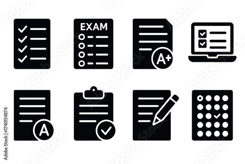 Exam and test paper icon set. Vector black symbols of academic assessment and grades
