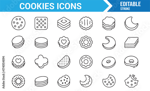 Linear cookie and biscuit icons collection for bakery shop or dessert projects