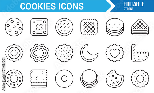 Editable stroke biscuit vector icons for confectionery and food design concepts