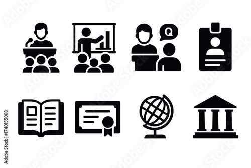 Conference and education icon set. Vector black symbols of learning and public speaking