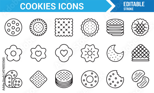 Sweet bakery cookie outline icons set for dessert and pastry illustrations