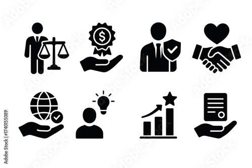 Business ethics and core values icon set. Vector black symbols of corporate responsibility and trust