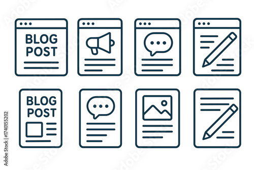 Blog post and content creation icon set. Vector line art symbols of online writing