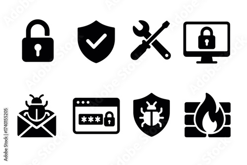 Cyber security and antivirus icon set. Vector black symbols of data protection and firewall